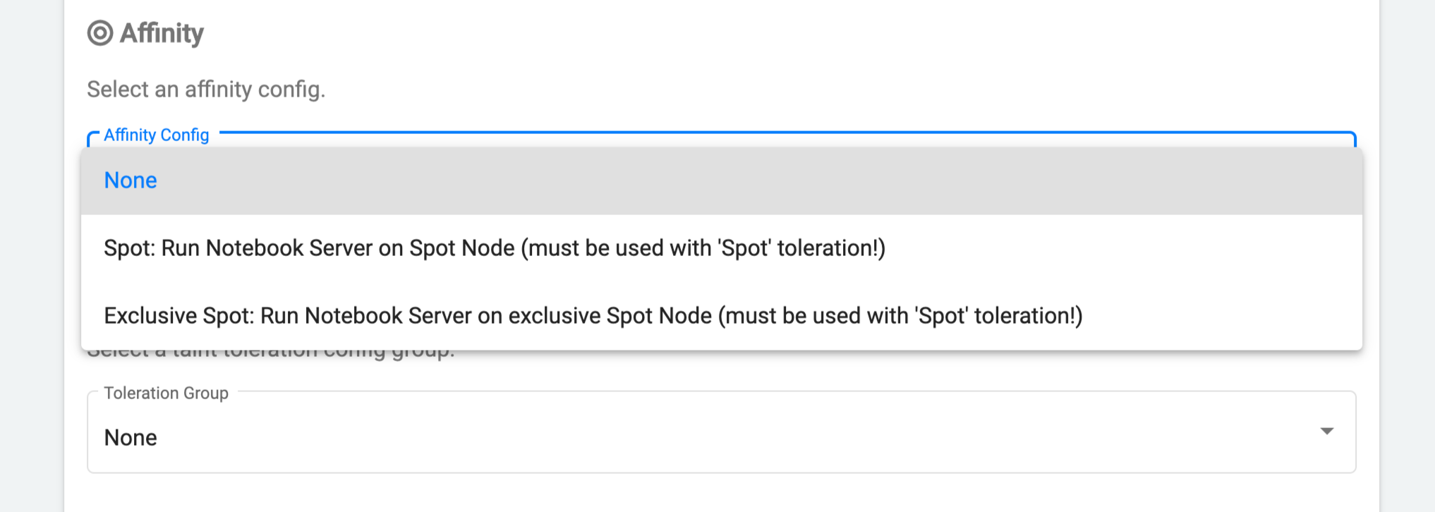 Affinity config set to Spot Node