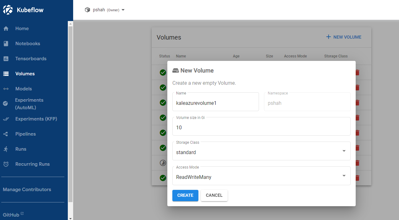 Kubeflow volume settings
